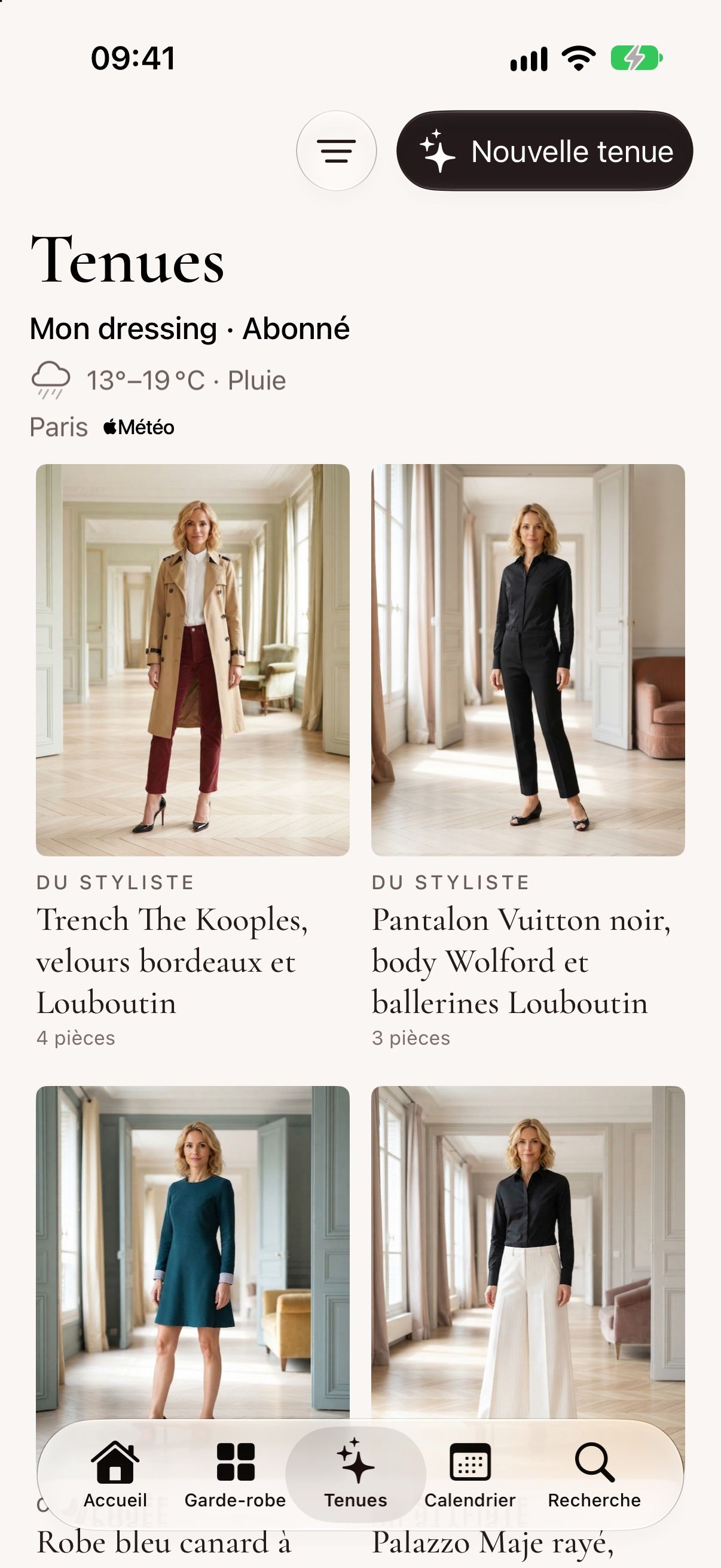 L'onglet Tenues : chaque tenue du dressing en photo, la plus adaptée au temps du jour en premier.